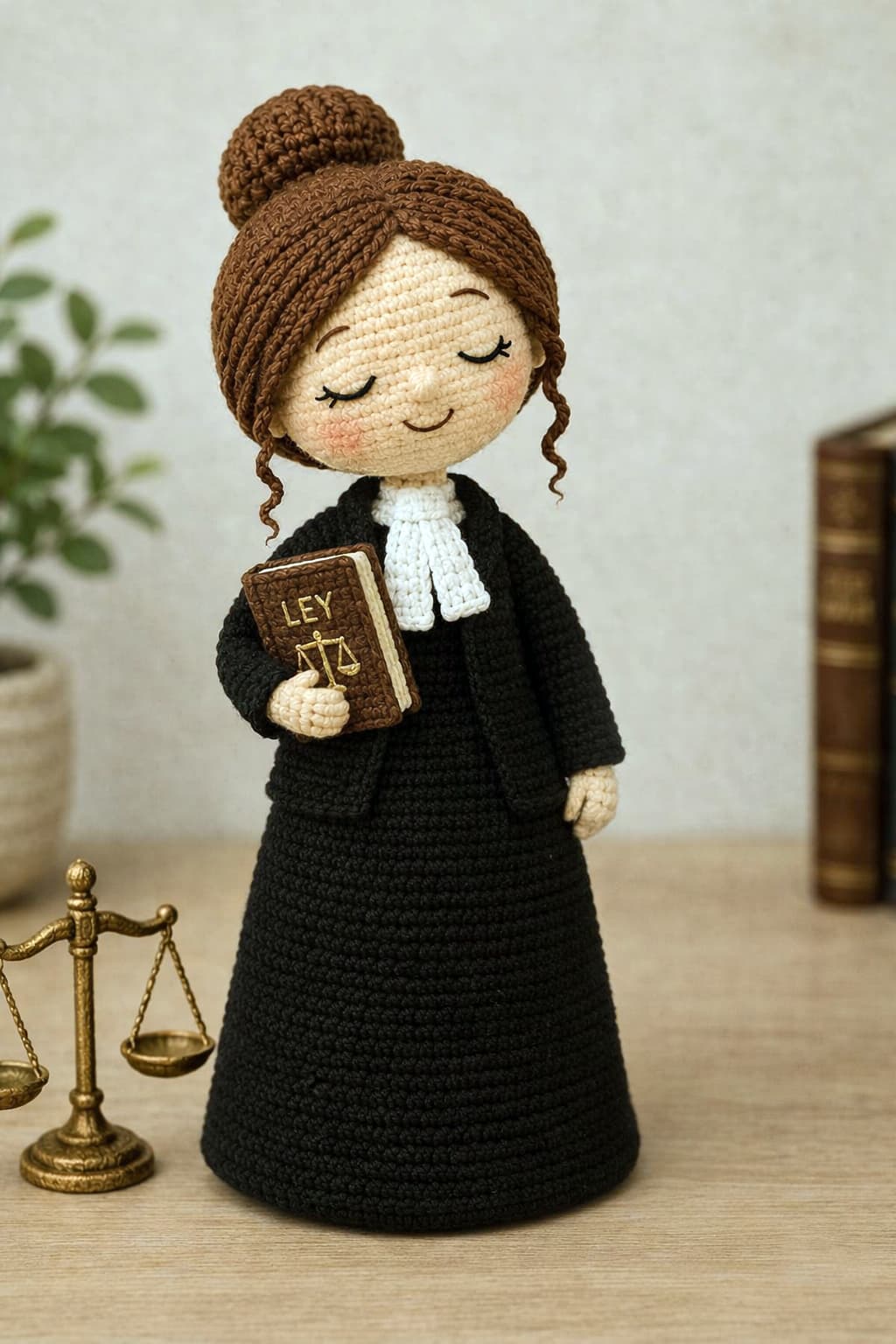 Lawyer amigurumi pattern holding a law book, wearing a black robe and elegant crochet bun hairstyle