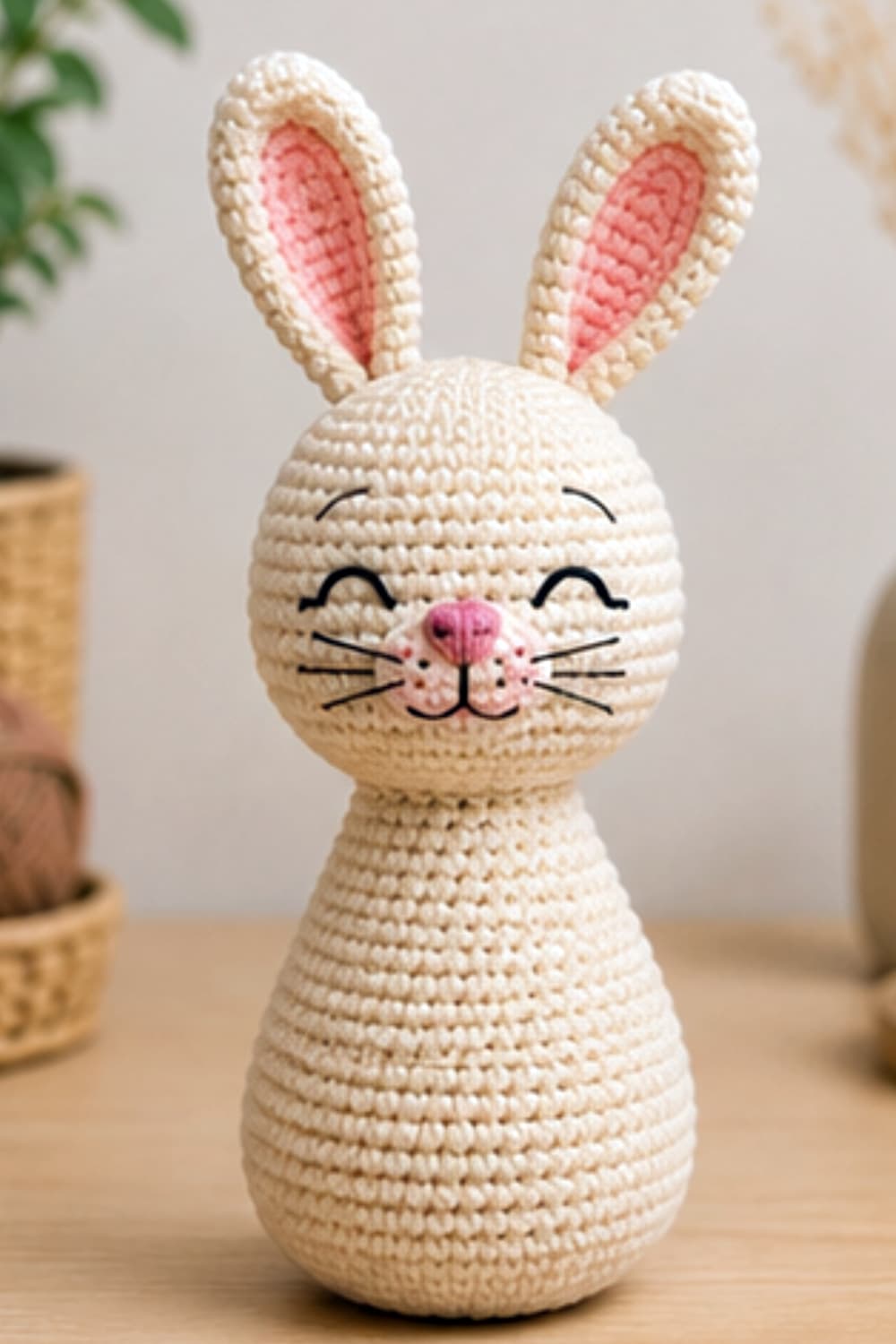 Amigurumi bunny pattern with long ears, embroidered sleepy eyes and seamless crochet body