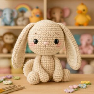 Amigurumi bunny pattern with floppy ears, round body and cute crochet rabbit for beginners