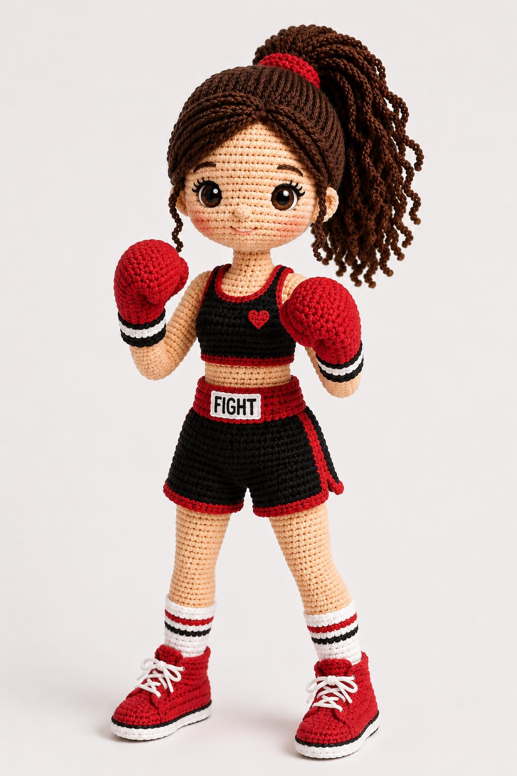 Crochet female boxer amigurumi doll wearing red gloves, black shorts, and a high ponytail.