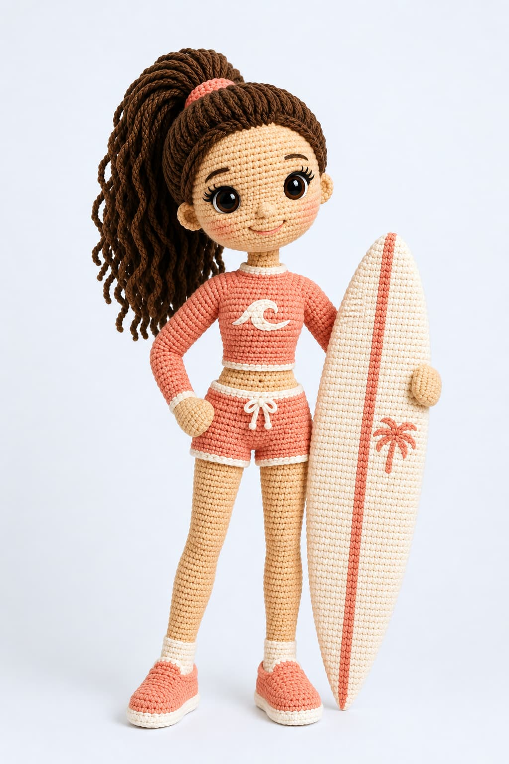 Amigurumi surfer girl doll holding a surfboard, wearing a pink beach outfit with ponytail and sneakers.
