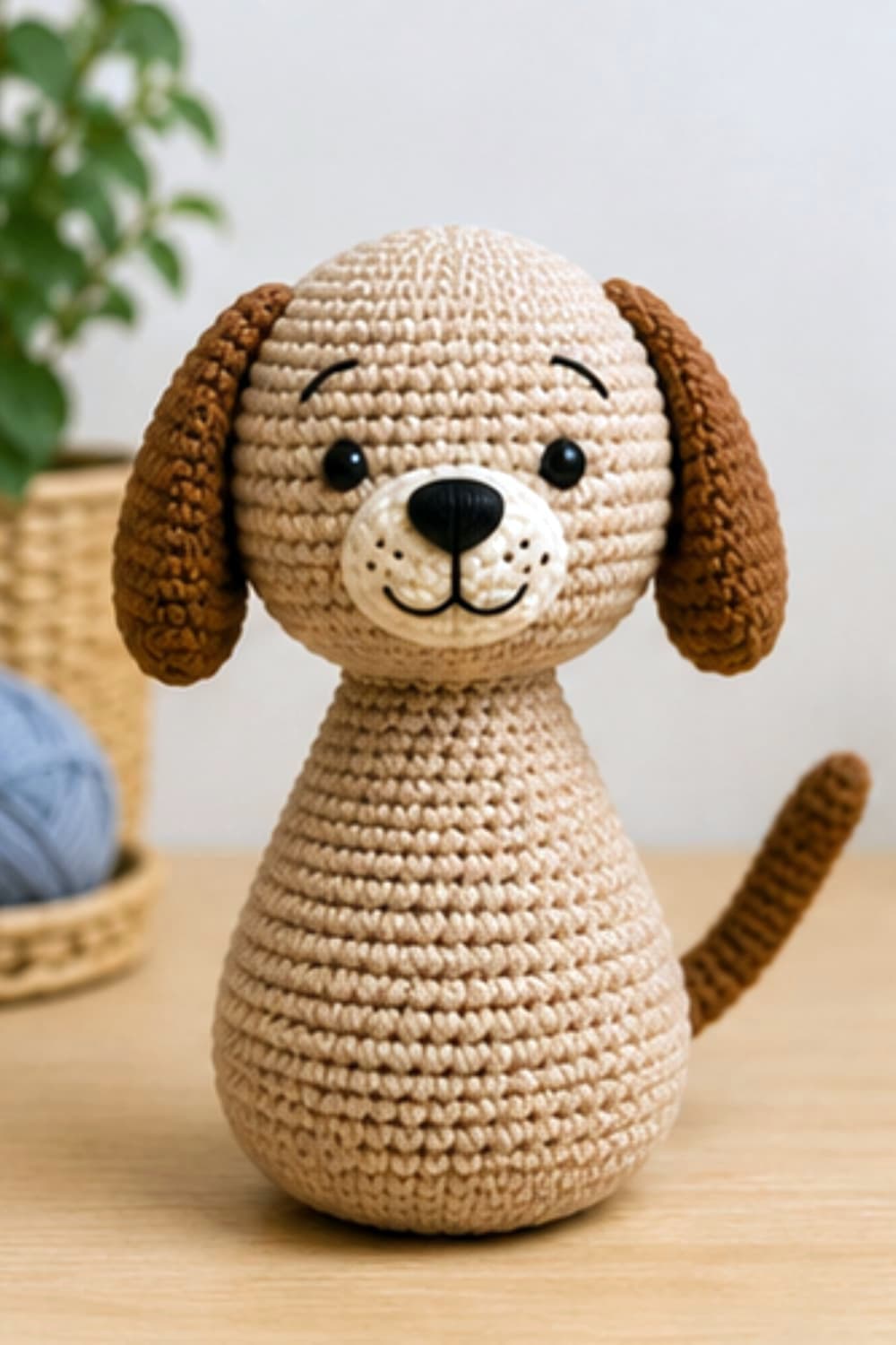 Beige crochet amigurumi dog with floppy brown ears, cute smile and decorative sitting design.